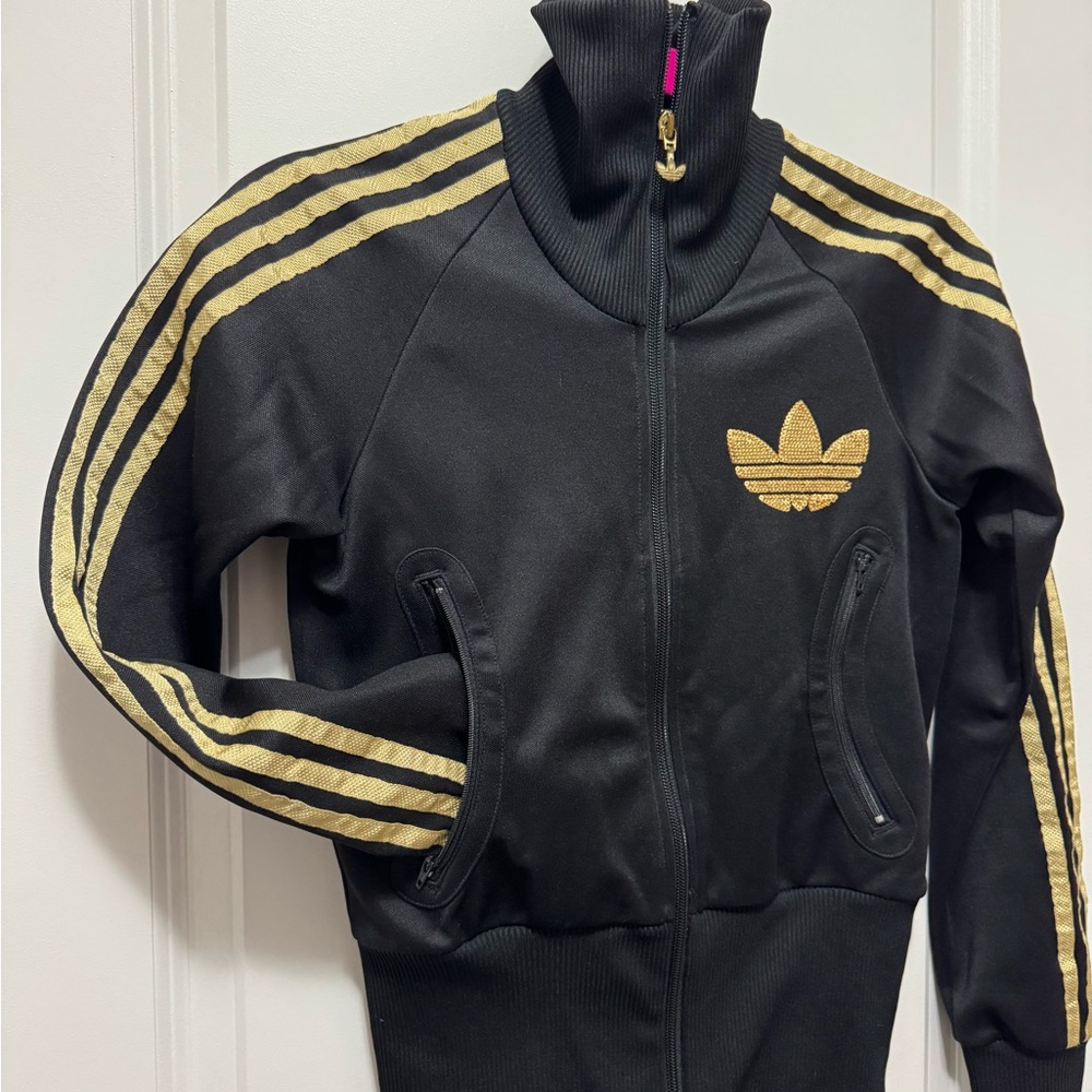 Adidas Gold Sequin Black fitted track Jacket hip hop dance